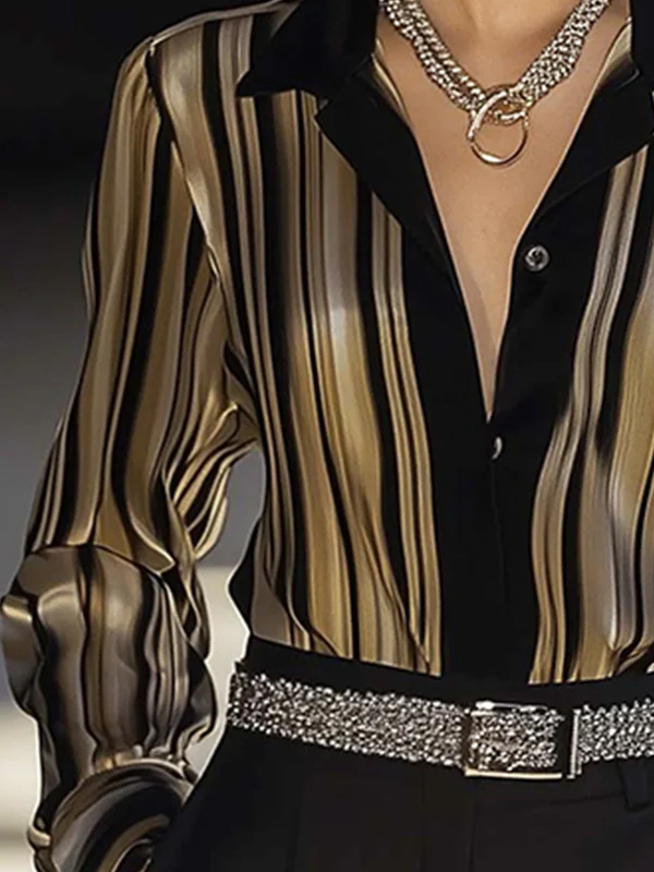 Long Sleeves Buttoned Striped Lapel Blouses&Shirts Tops - Image 2