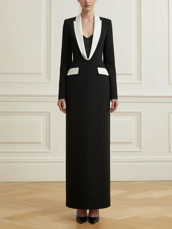 Long Sleeves Contrast Color Deep V-Neck Maxi Dresses - Image 2