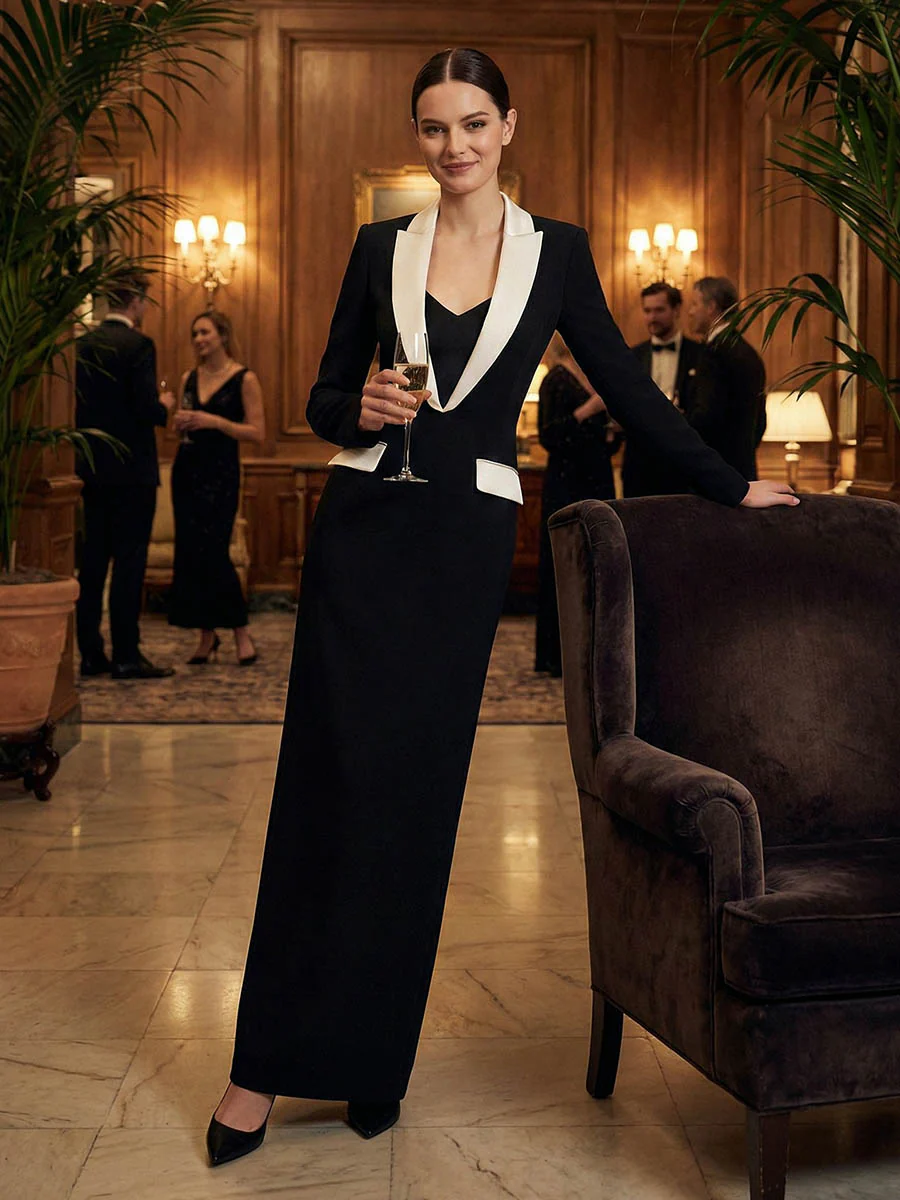 Long Sleeves Contrast Color Deep V-Neck Maxi Dresses - Image 3