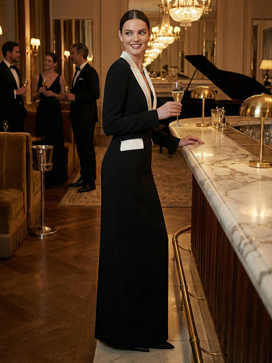 Long Sleeves Contrast Color Deep V-Neck Maxi Dresses - Image 4