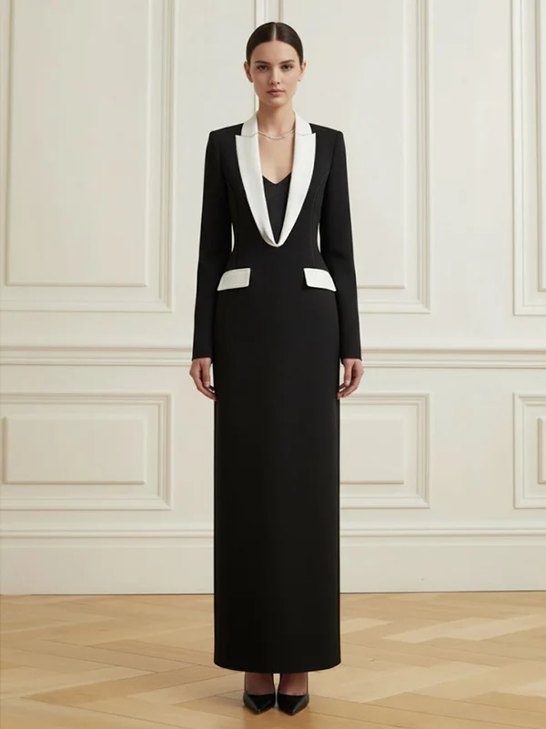 Long Sleeves Contrast Color Deep V-Neck Maxi Dresses - Image 6