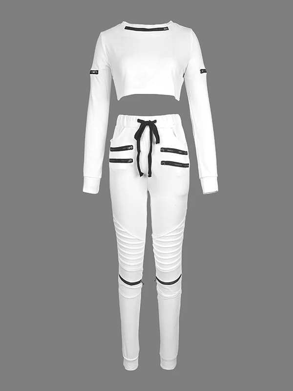 Long Sleeves Contrast Color Drawstring Zipper Tees&Pants Two Pieces Set - Image 4