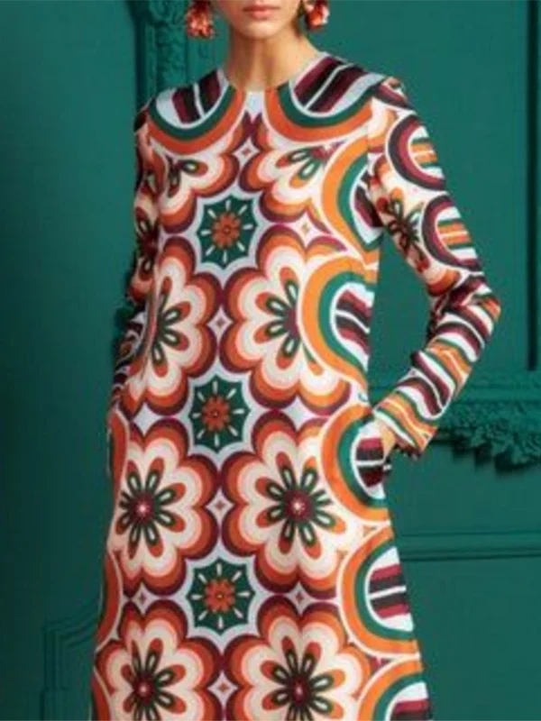 Long Sleeves Contrast Color Flower Print Round-Neck Midi Dresses - Image 2