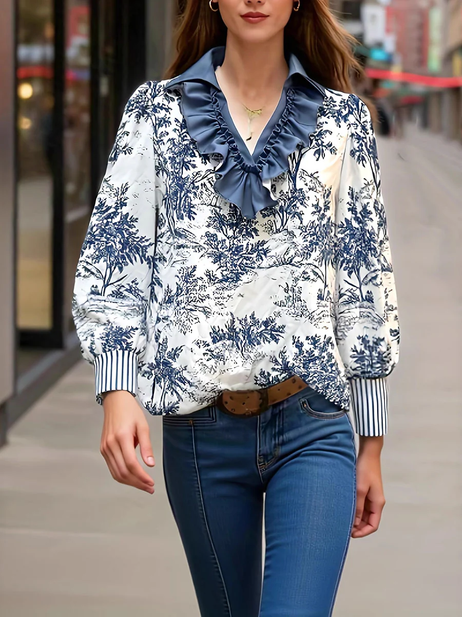 Long Sleeves Contrast Color Flower Print Ruffled Split-Joint Striped V-Neck Blouses&Shirts Tops - Image 2