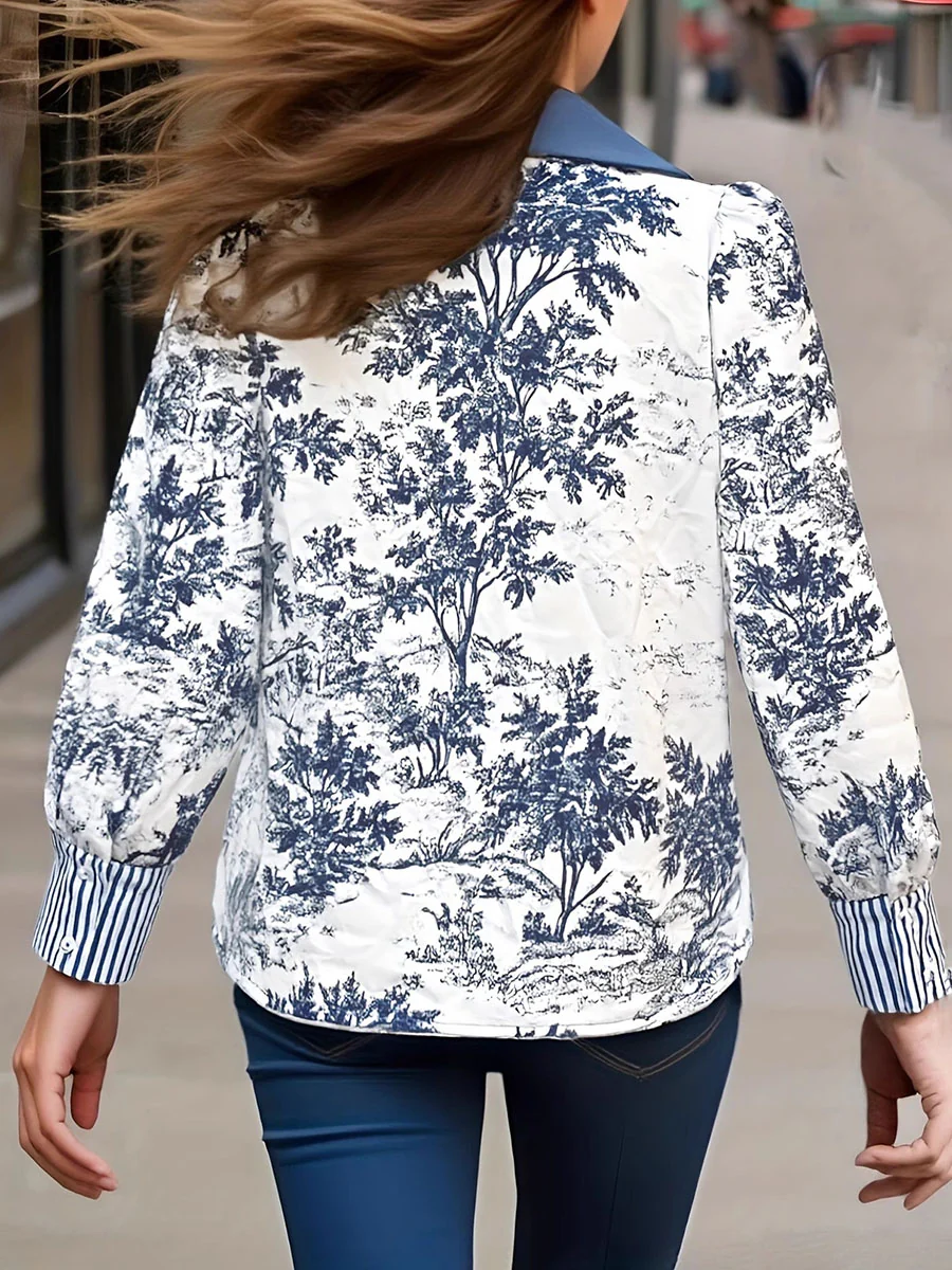 Long Sleeves Contrast Color Flower Print Ruffled Split-Joint Striped V-Neck Blouses&Shirts Tops - Image 3