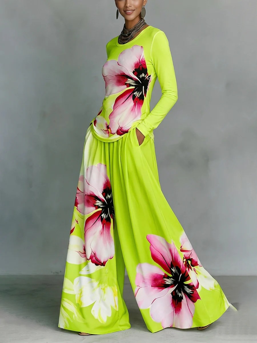 Long Sleeves Contrast Color Flower Print Split-Joint Round-Neck T-Shirts Tops - Image 3