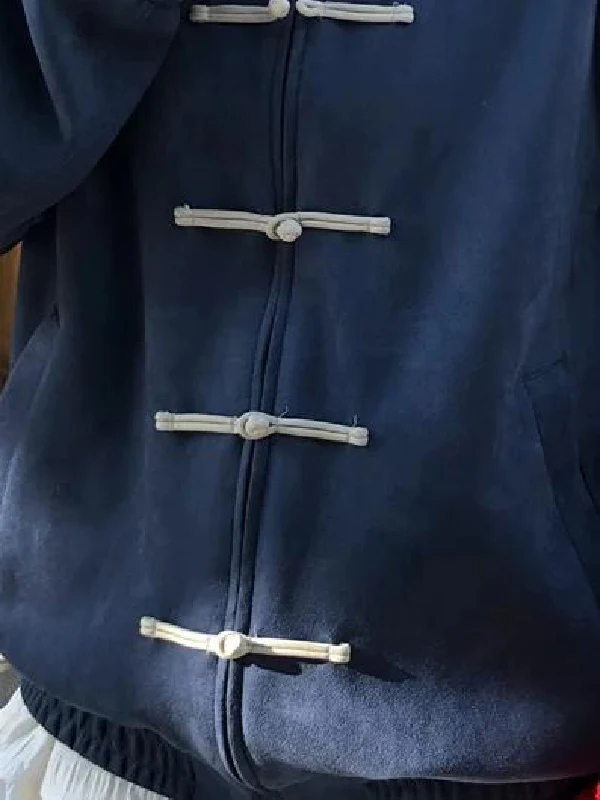 Long Sleeves Contrast Color Frog Closures Zipper Stand Collar Jackets Outerwear - Image 2