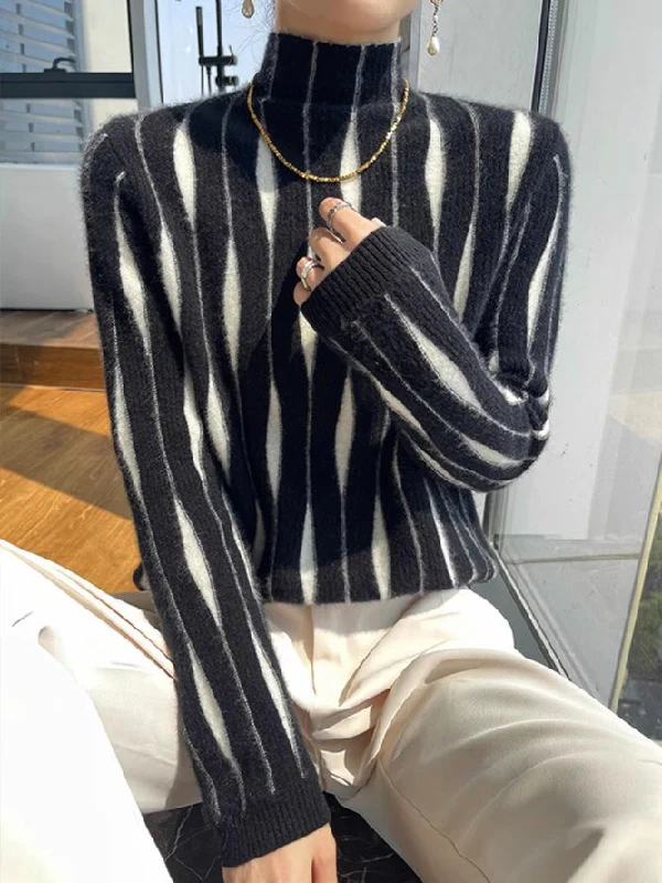 Long Sleeves Contrast Color High-Neck Sweater Tops - Image 2