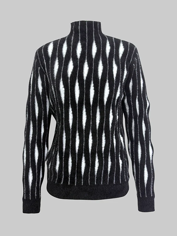 Long Sleeves Contrast Color High-Neck Sweater Tops - Image 4
