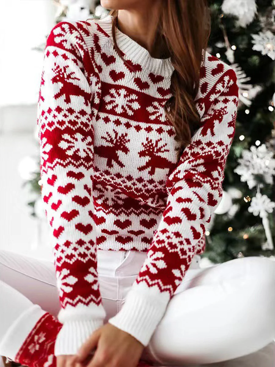 Long Sleeves Contrast Color Knitted Flower Round-Neck Pullovers Sweater Tops - Image 2