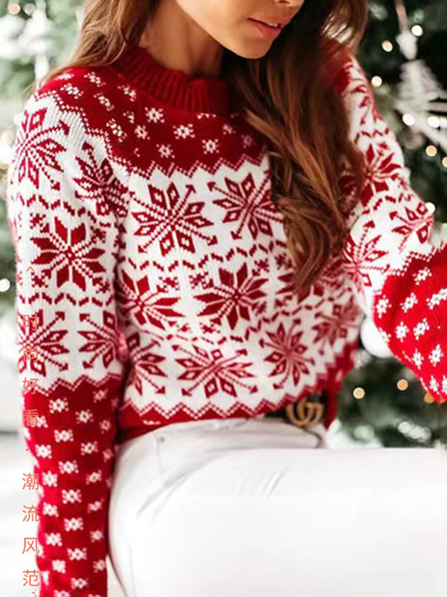 Long Sleeves Contrast Color Knitted Flower Round-Neck Pullovers Sweater Tops - Image 3