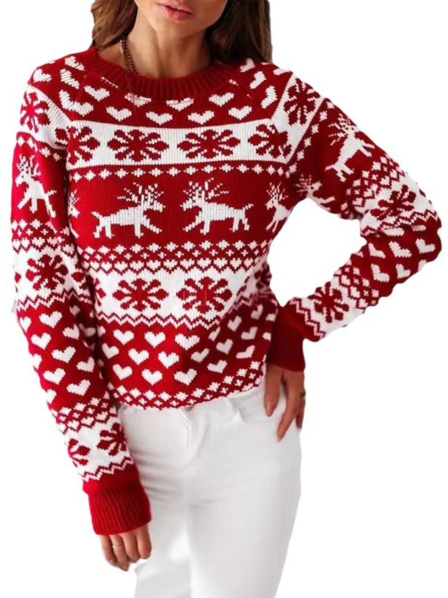 Long Sleeves Contrast Color Knitted Flower Round-Neck Pullovers Sweater Tops - Image 5