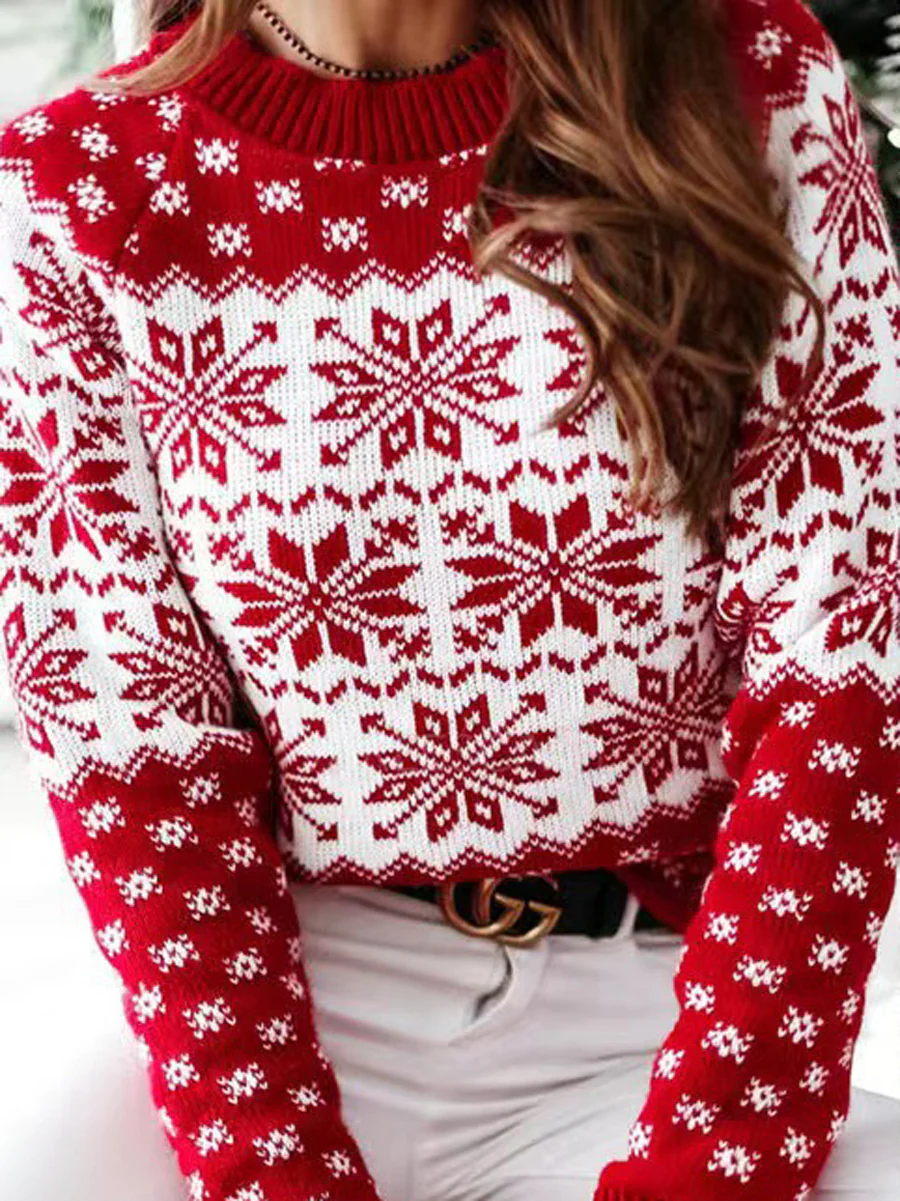 Long Sleeves Contrast Color Knitted Flower Round-Neck Pullovers Sweater Tops - Image 6