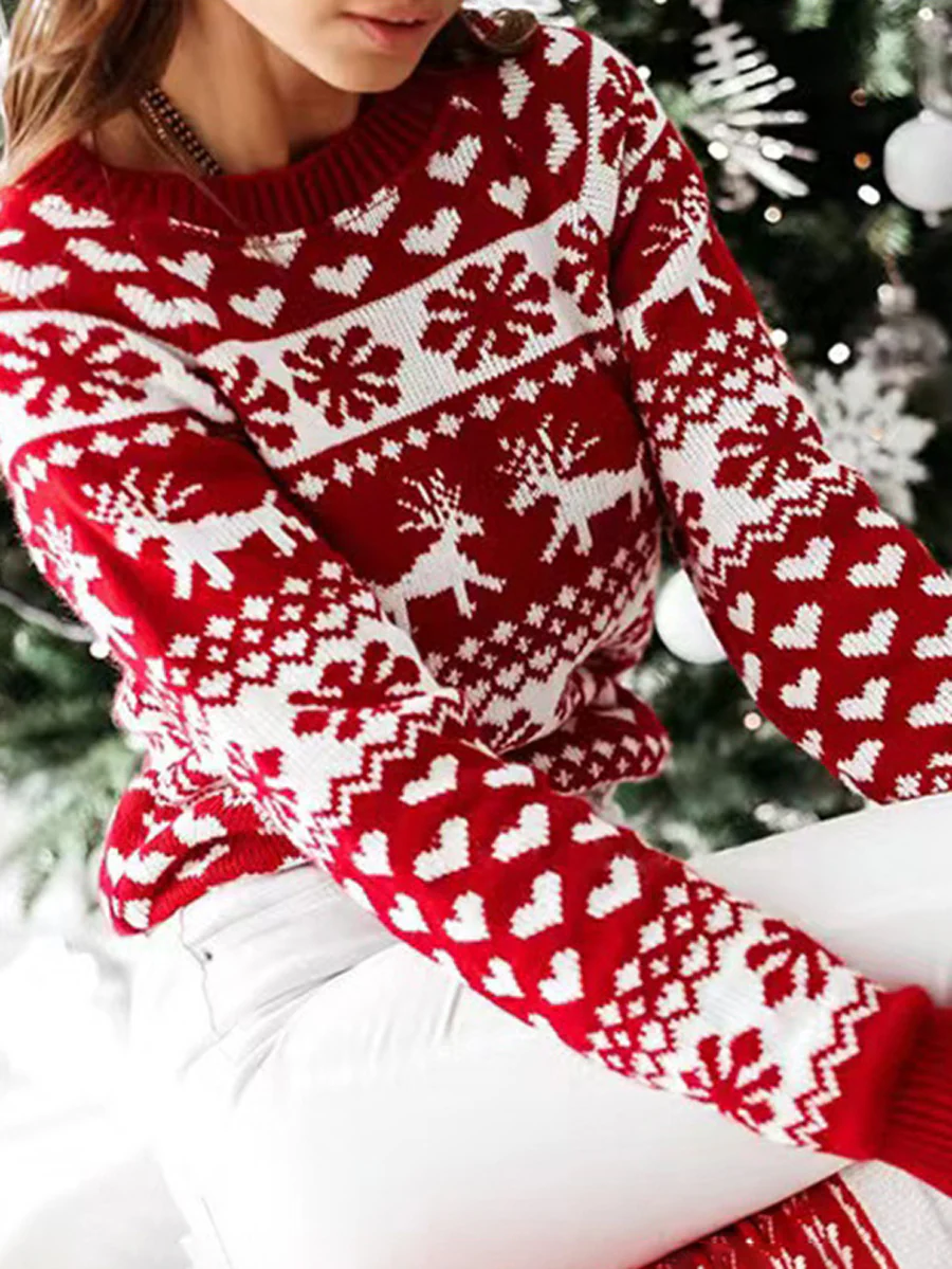 Long Sleeves Contrast Color Knitted Flower Round-Neck Pullovers Sweater Tops - Image 7