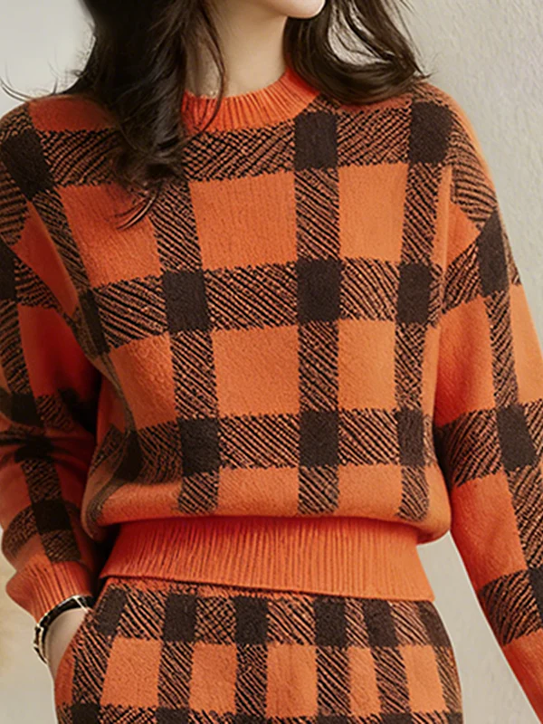 Long Sleeves Contrast Color Plaid Mock Neck Sweater Tops - Image 2