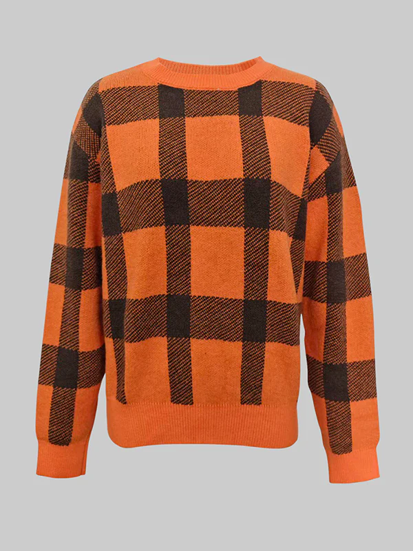 Long Sleeves Contrast Color Plaid Mock Neck Sweater Tops - Image 3