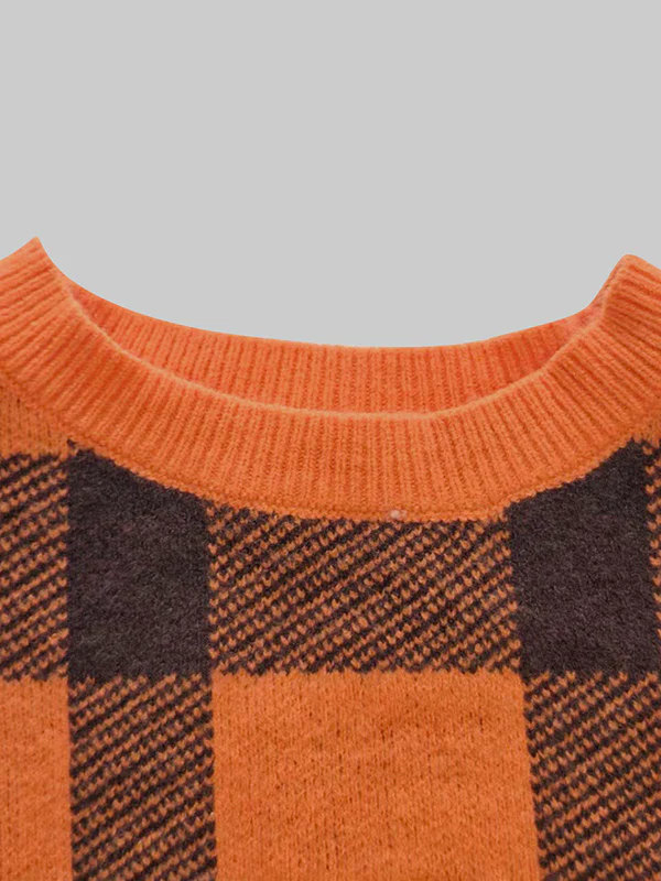 Long Sleeves Contrast Color Plaid Mock Neck Sweater Tops - Image 6
