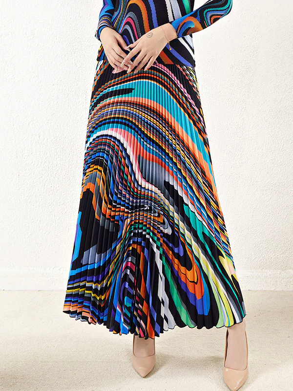 Long Sleeves Contrast Color Pleated Mock Neck T-Shirt Top + Printed A-Line Skirts Bottom Two Pieces Set - Image 10