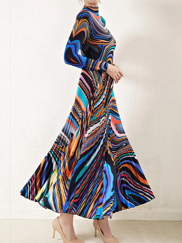 Long Sleeves Contrast Color Pleated Mock Neck T-Shirt Top + Printed A-Line Skirts Bottom Two Pieces Set - Image 2