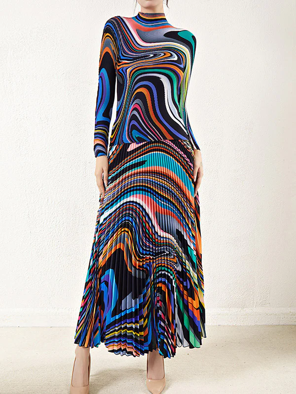 Long Sleeves Contrast Color Pleated Mock Neck T-Shirt Top + Printed A-Line Skirts Bottom Two Pieces Set - Image 3