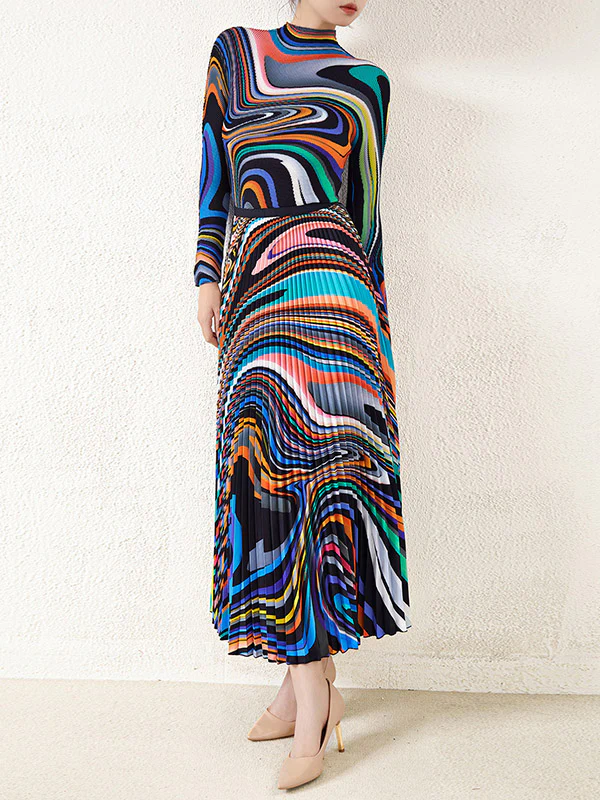 Long Sleeves Contrast Color Pleated Mock Neck T-Shirt Top + Printed A-Line Skirts Bottom Two Pieces Set - Image 4