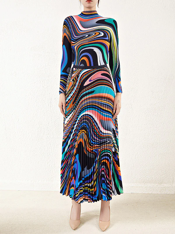 Long Sleeves Contrast Color Pleated Mock Neck T-Shirt Top + Printed A-Line Skirts Bottom Two Pieces Set - Image 5