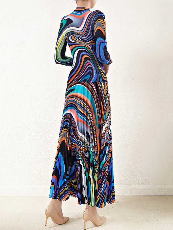 Long Sleeves Contrast Color Pleated Mock Neck T-Shirt Top + Printed A-Line Skirts Bottom Two Pieces Set - Image 6