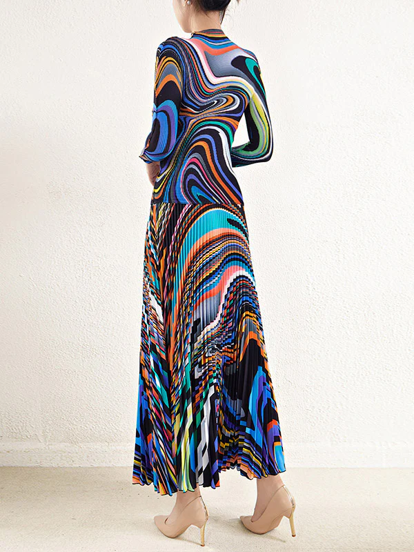 Long Sleeves Contrast Color Pleated Mock Neck T-Shirt Top + Printed A-Line Skirts Bottom Two Pieces Set - Image 7