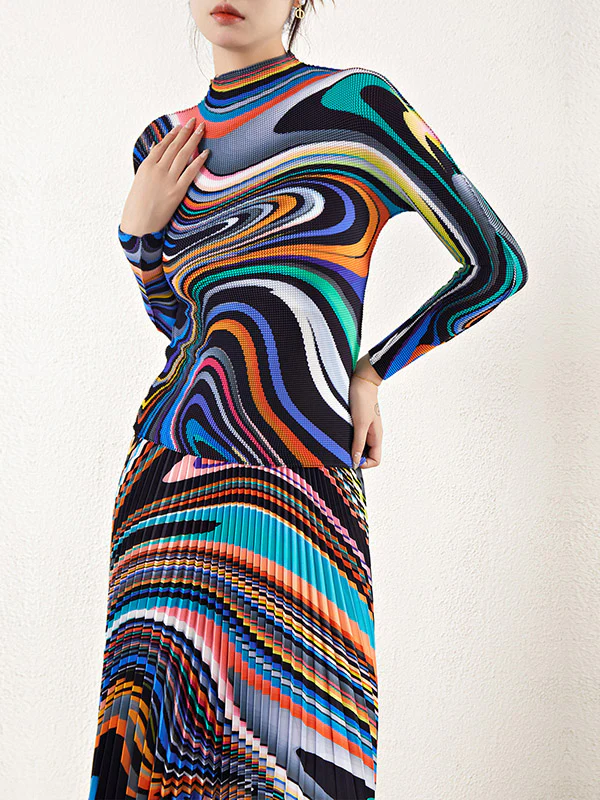 Long Sleeves Contrast Color Pleated Mock Neck T-Shirt Top + Printed A-Line Skirts Bottom Two Pieces Set - Image 8