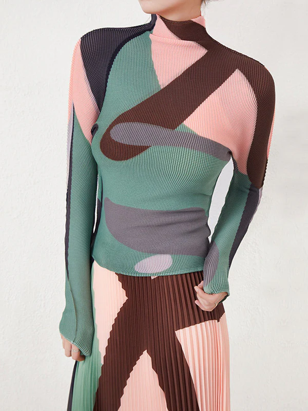Long Sleeves Contrast Color Pleated Mock Neck T-Shirts Tops - Image 2