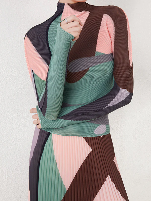 Long Sleeves Contrast Color Pleated Mock Neck T-Shirts Tops - Image 3