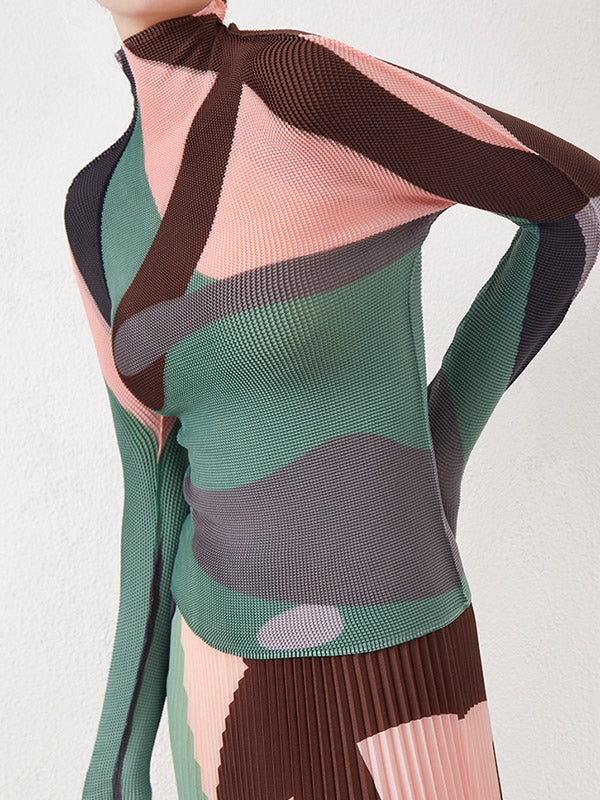 Long Sleeves Contrast Color Pleated Mock Neck T-Shirts Tops - Image 4