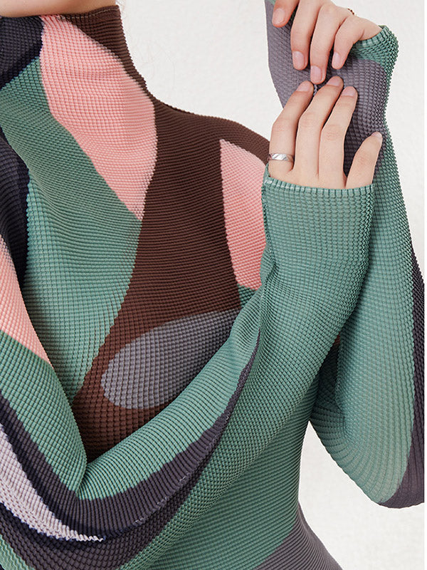 Long Sleeves Contrast Color Pleated Mock Neck T-Shirts Tops - Image 5
