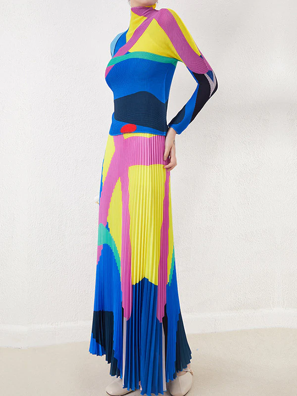 Long Sleeves Contrast Color Pleated Mock Neck T-Shirts Tops - Image 8