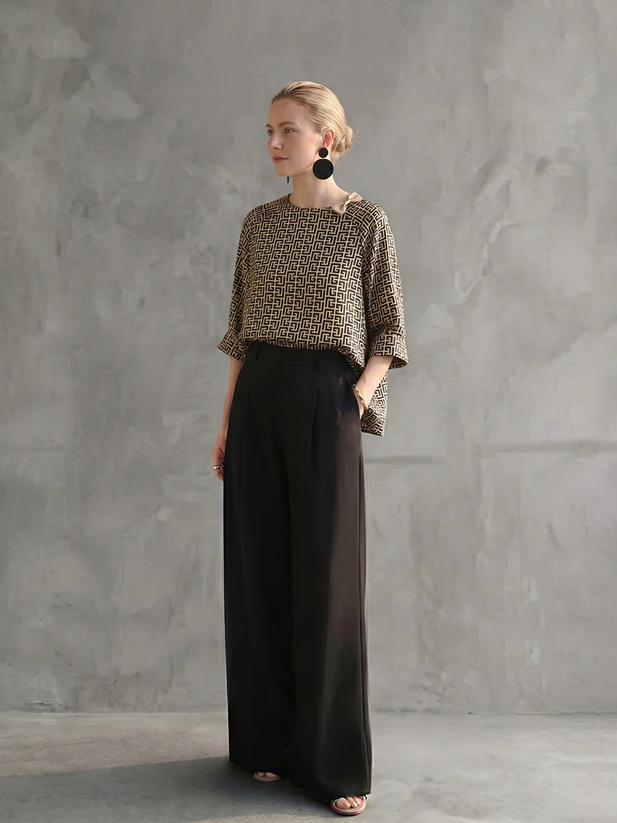 Long Sleeves Contrast Color Printed Round-Neck Blouses&Shirts Tops - Image 2