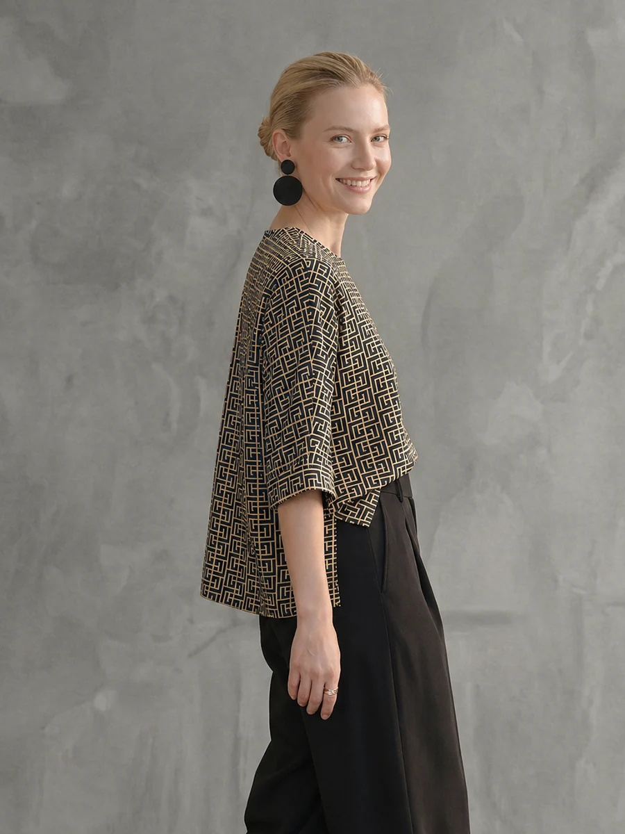 Long Sleeves Contrast Color Printed Round-Neck Blouses&Shirts Tops - Image 3