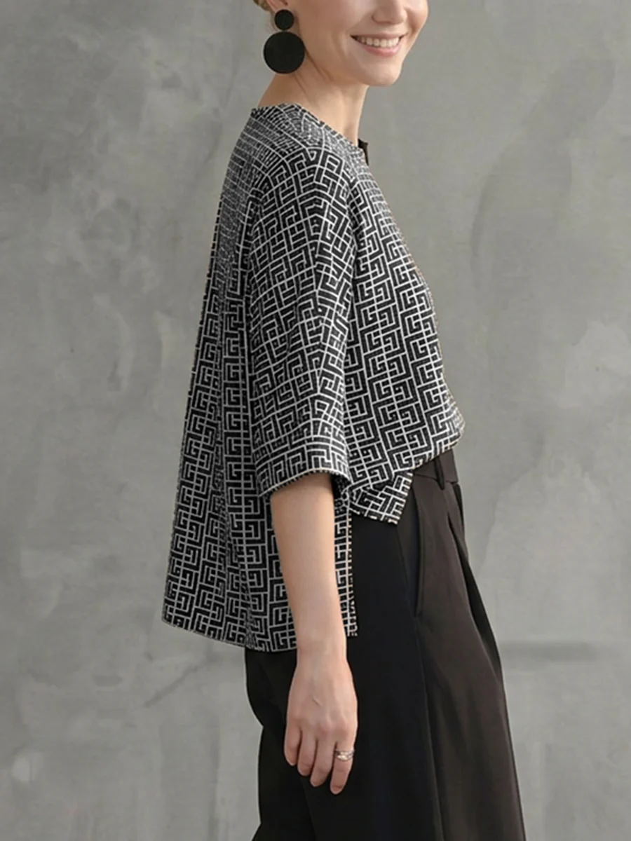 Long Sleeves Contrast Color Printed Round-Neck Blouses&Shirts Tops - Image 5