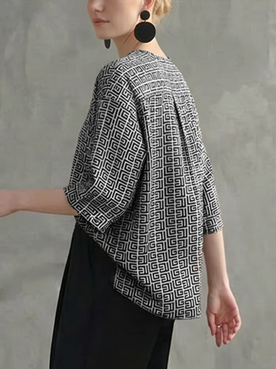 Long Sleeves Contrast Color Printed Round-Neck Blouses&Shirts Tops - Image 6