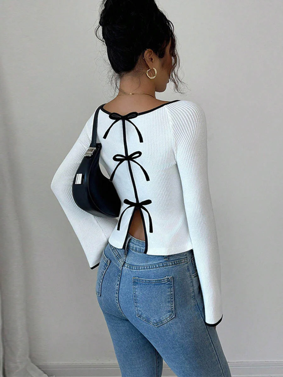 Long Sleeves Contrast Color Ribbed Knit Split-Joint Round-Neck Blouses&Shirts Tops - Image 5