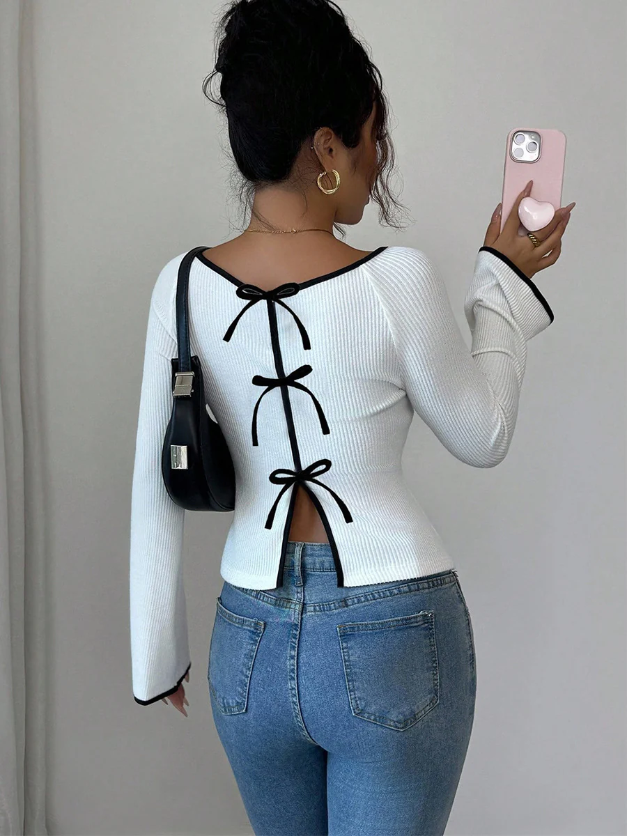 Long Sleeves Contrast Color Ribbed Knit Split-Joint Round-Neck Blouses&Shirts Tops - Image 6