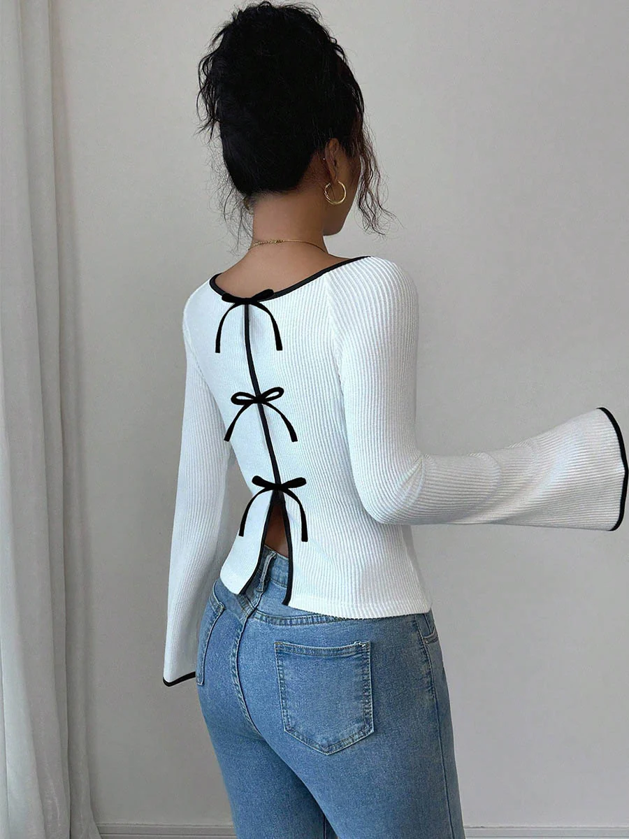 Long Sleeves Contrast Color Ribbed Knit Split-Joint Round-Neck Blouses&Shirts Tops - Image 7