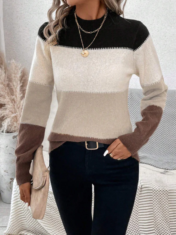 Long Sleeves Contrast Color Round-Neck Pullovers Sweater Tops - Image 10