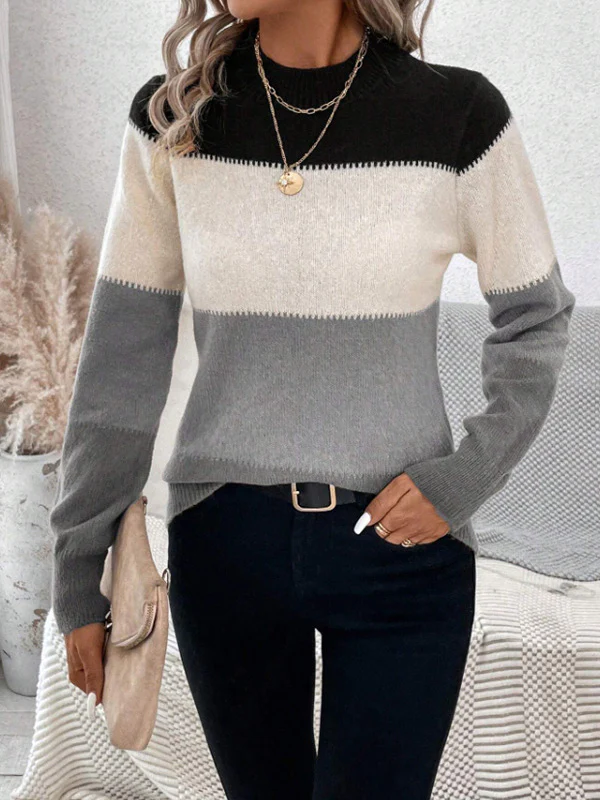 Long Sleeves Contrast Color Round-Neck Pullovers Sweater Tops - Image 13