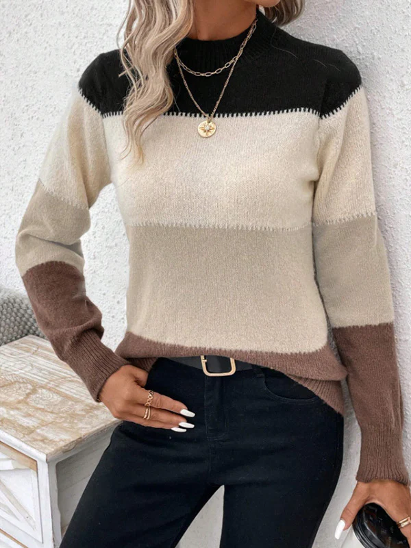 Long Sleeves Contrast Color Round-Neck Pullovers Sweater Tops - Image 2
