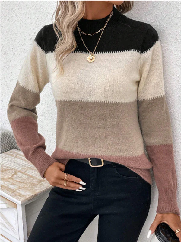 Long Sleeves Contrast Color Round-Neck Pullovers Sweater Tops - Image 4