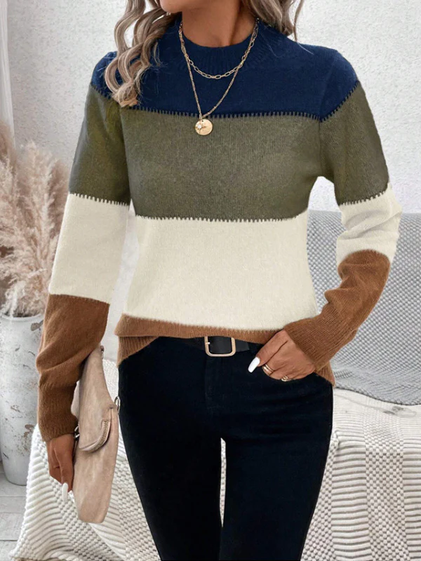 Long Sleeves Contrast Color Round-Neck Pullovers Sweater Tops - Image 7