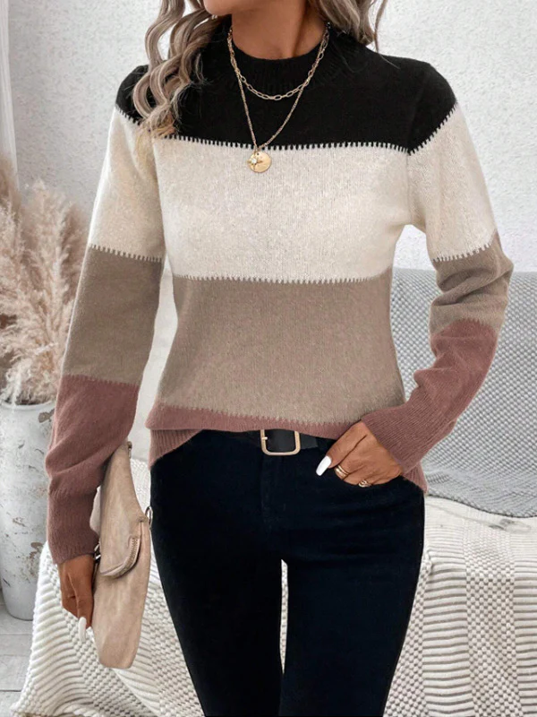 Long Sleeves Contrast Color Round-Neck Pullovers Sweater Tops - Image 8
