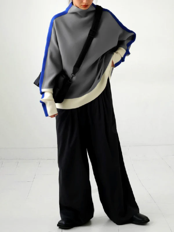Long Sleeves Contrast Color Split-Joint High Neck Hoodies&Sweatshirt Sweatshirt Tops Tops - Image 3