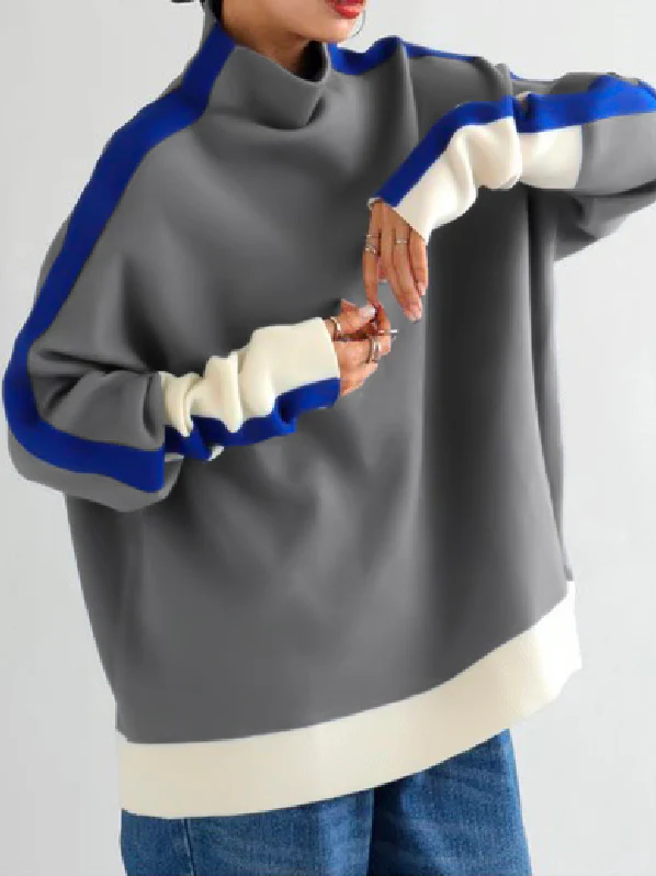 Long Sleeves Contrast Color Split-Joint High Neck Hoodies&Sweatshirt Sweatshirt Tops Tops - Image 6