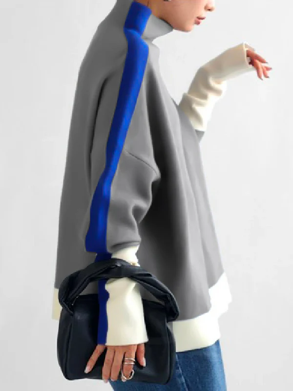 Long Sleeves Contrast Color Split-Joint High Neck Hoodies&Sweatshirt Sweatshirt Tops Tops - Image 7